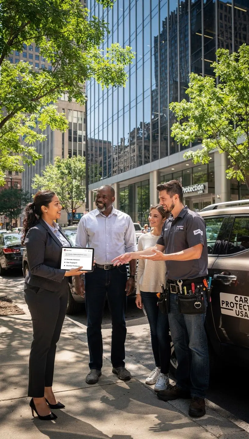 Защита автомобиля на фоне города с высокими зданиями