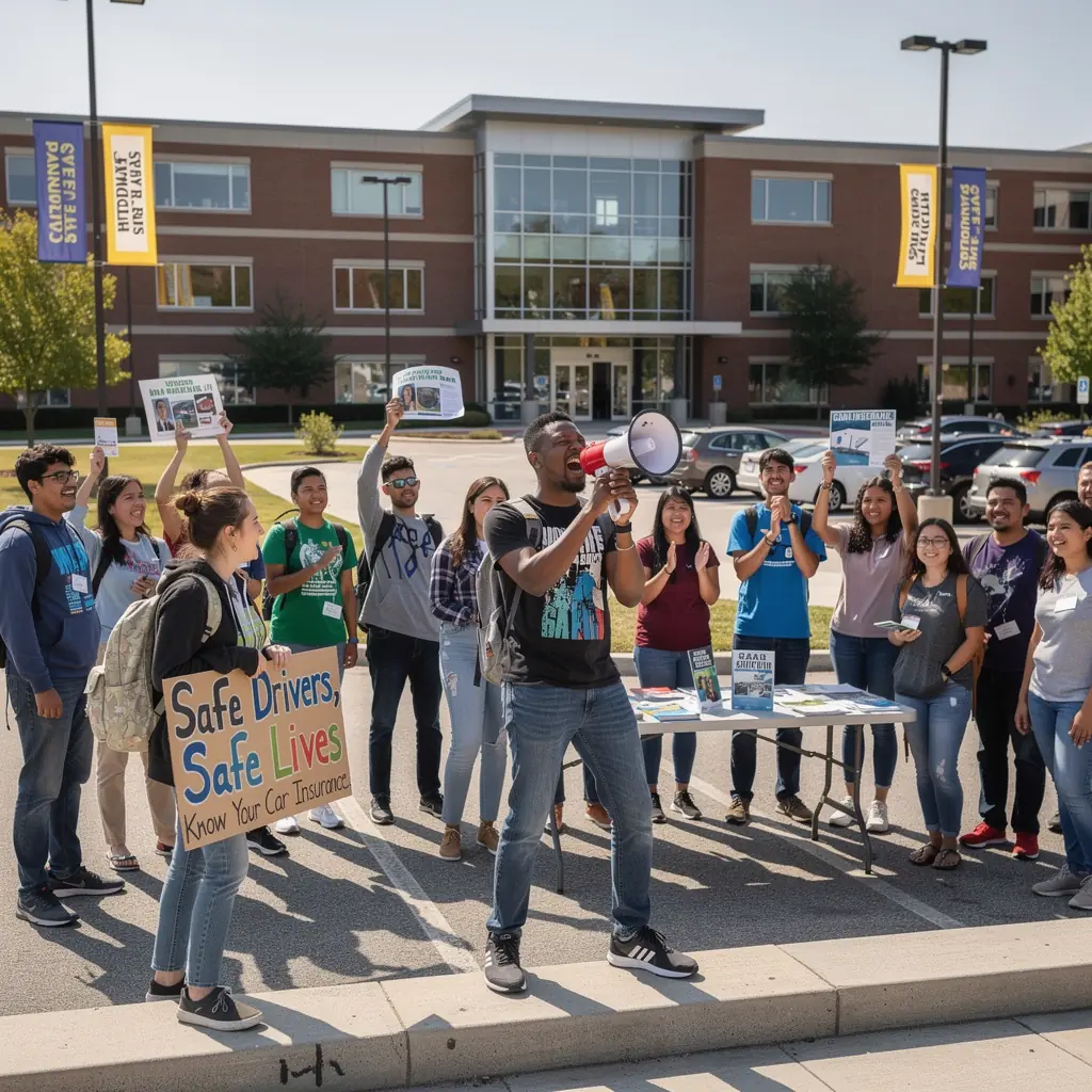 Счастливые водители, обсуждающие свои страховые полисы на фоне автомобиля.